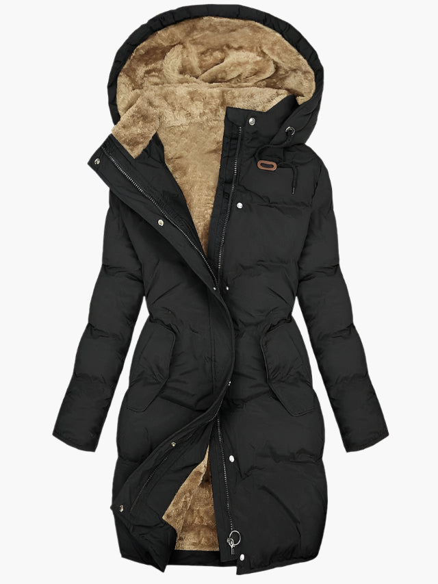 Dames Lange Gewatteerde Winterjas met Capuchon – Stijlvolle Warme Parka voor Koud Weer
