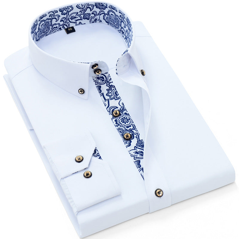 Derek – Blauw en Wit Porselein Kraag Zakelijk Casual Lange Mouwen Shirt