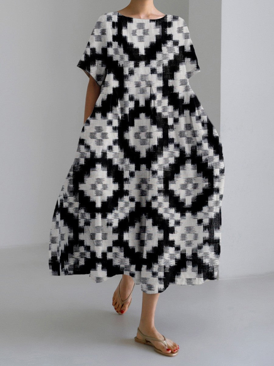 Lydia – Retro Stijl Lange Jurk met Kunstzinnig Geometrisch Patroon