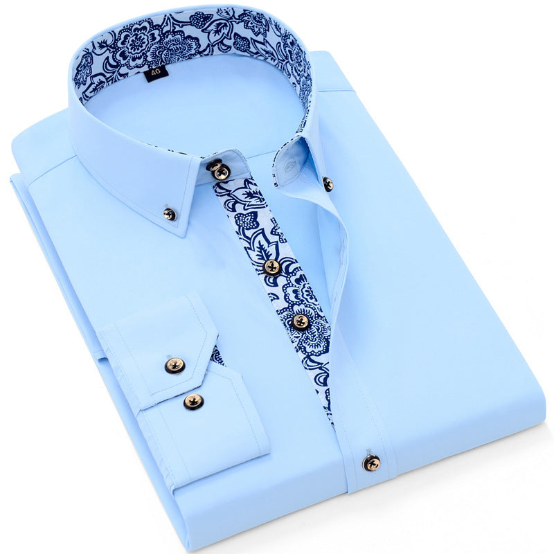 Derek – Blauw en Wit Porselein Kraag Zakelijk Casual Lange Mouwen Shirt