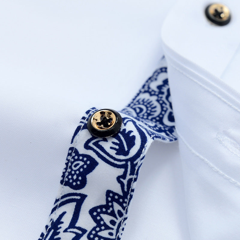 Derek – Blauw en Wit Porselein Kraag Zakelijk Casual Lange Mouwen Shirt