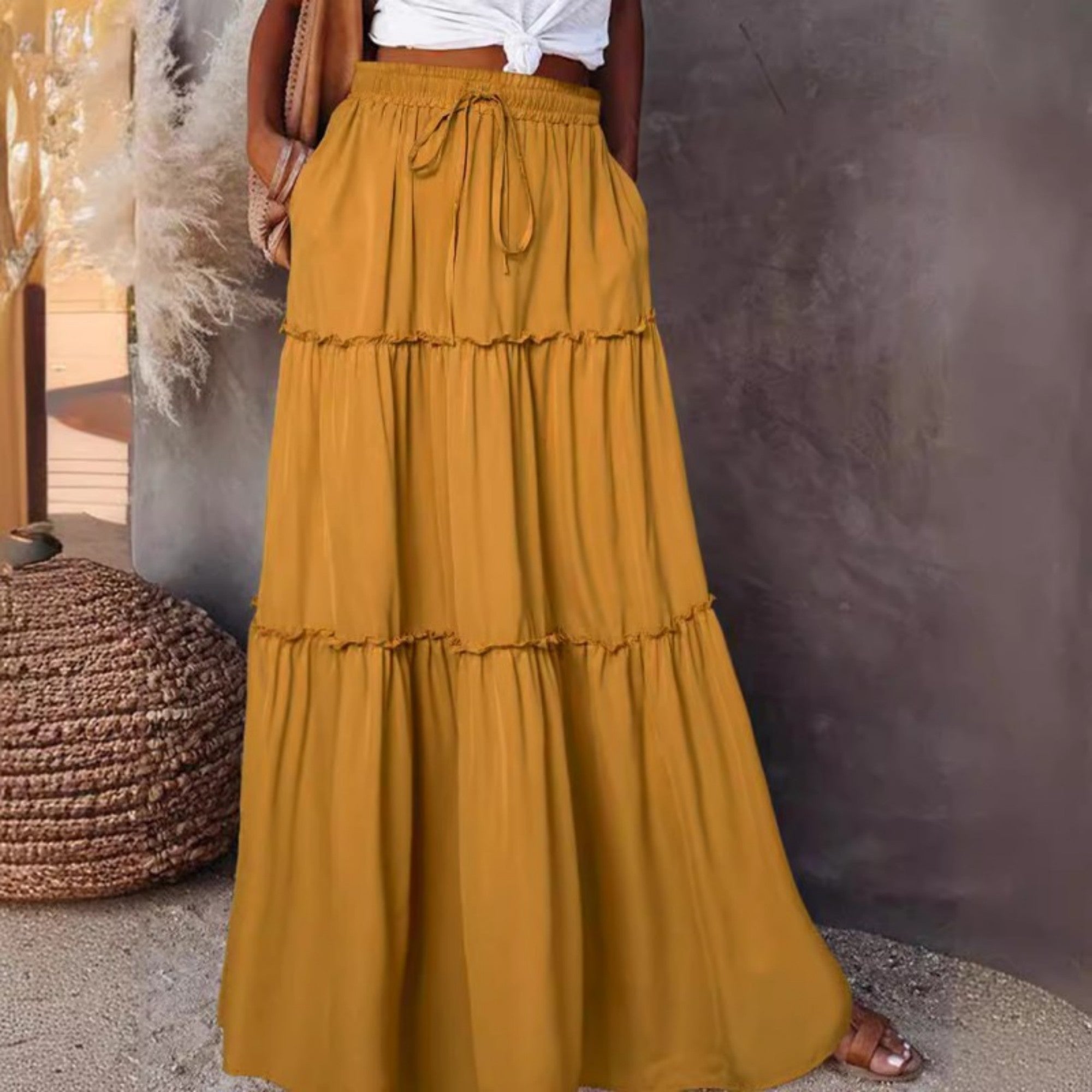 Tanya – Elastische Hoge Taille A-Lijn Geplooide Casual Maxi Jurk
