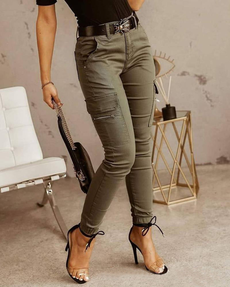 Mary – Lage Taille Broeken met Knopen en Effen Kleur