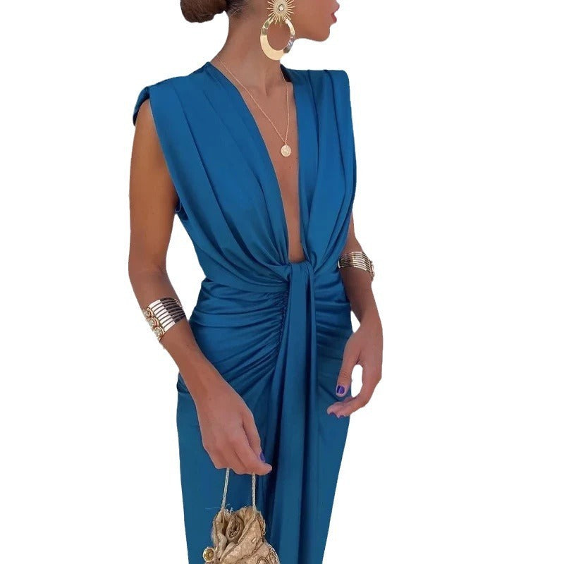 Patricia – Effen Kleur Kant Hoge Taille V-hals Jurk