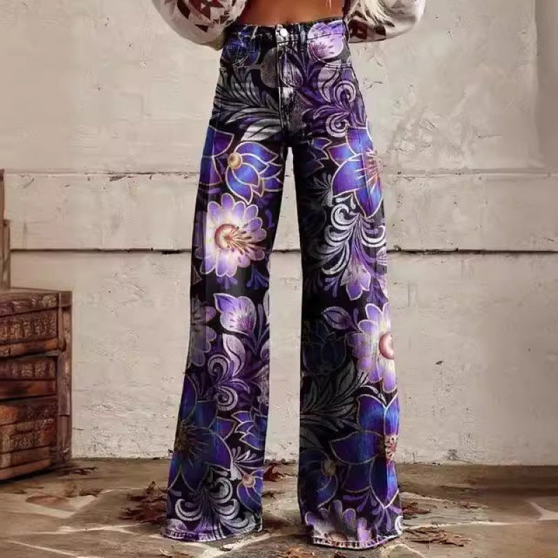 Charlotte – Gedrukte Hoge Taille Imitatie Denim Wijde Broek