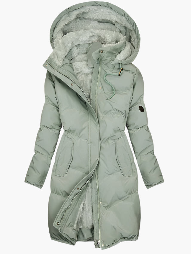 Dames Lange Gewatteerde Winterjas met Capuchon – Stijlvolle Warme Parka voor Koud Weer