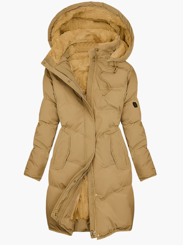 Dames Lange Gewatteerde Winterjas met Capuchon – Stijlvolle Warme Parka voor Koud Weer