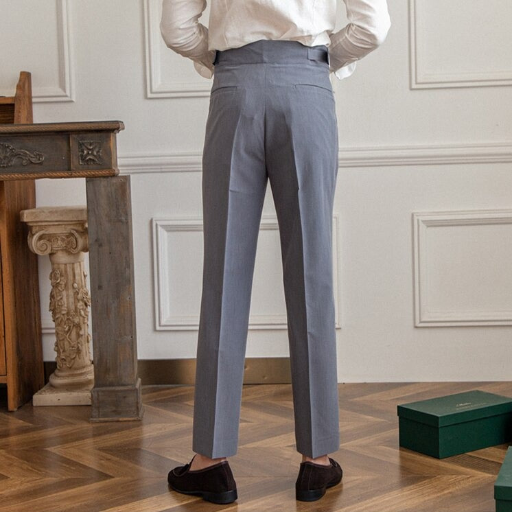 Heren Hoge Taille Pantalon op Maat – Klassieke Geplooide Broek met Gespsluiting, Zakelijke en Formele Stijl