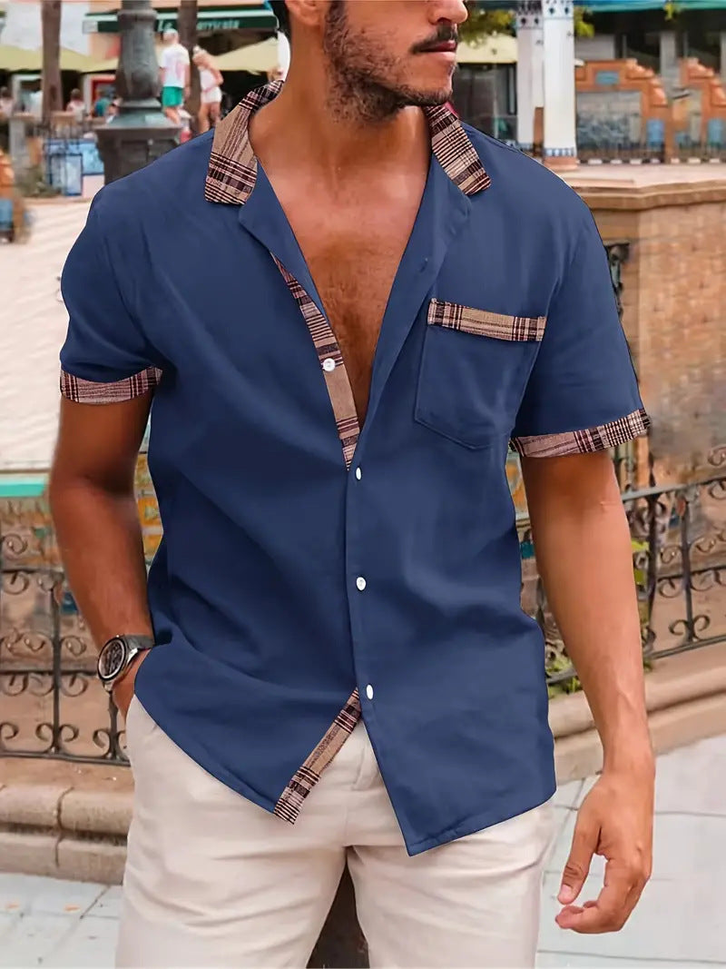 Heren Casual Overhemd met Korte Mouw en Contrasterende Details – Modieus en Comfortabel voor Zomer en Vrije Tijd