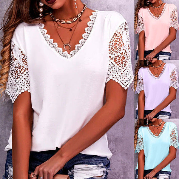 Dames Top met Kantdetails – Elegante Zomerse Blouse met V-Hals
