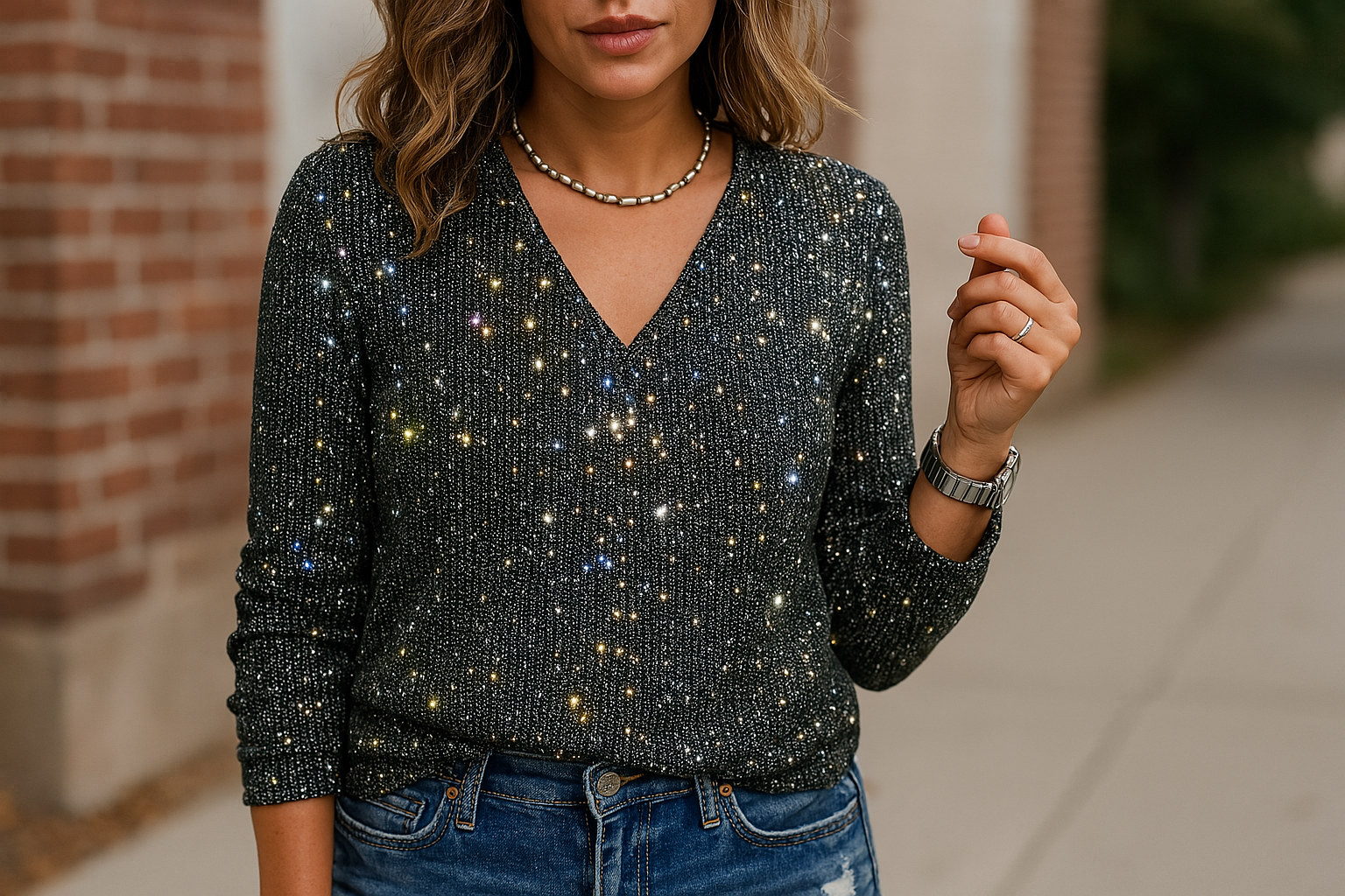 Caroline – Trendy Dames Glitter V-Hals Blouse met Lange Mouwen voor Lente en Zomer
