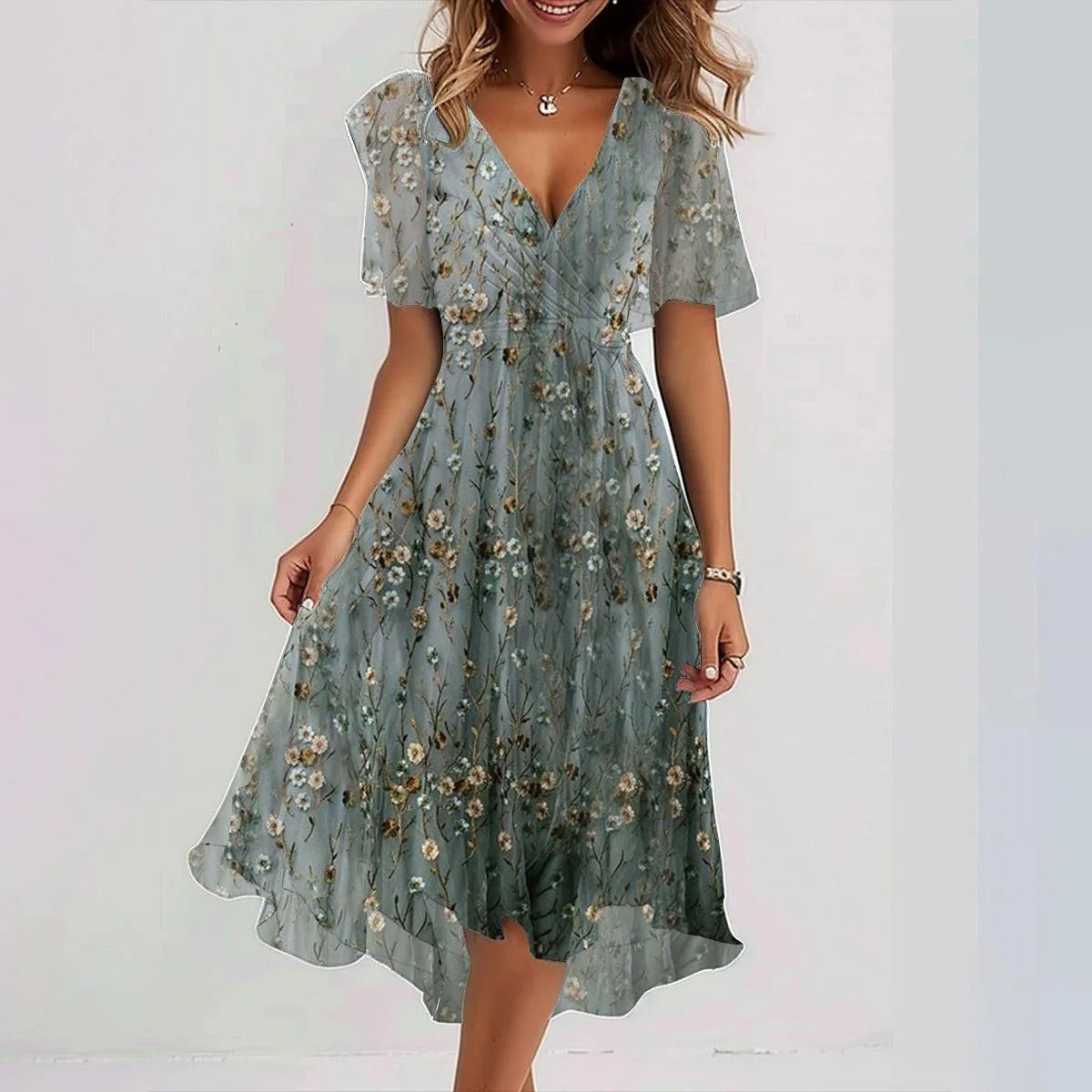 Dames wikkeljurk met bloemendessin en elegante chiffonlook