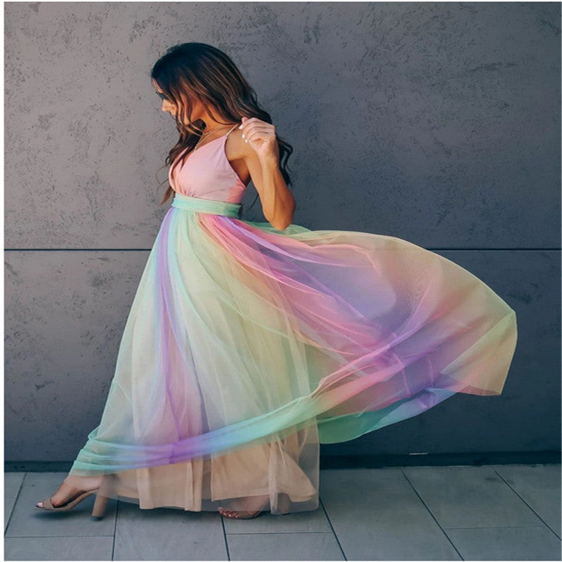 Wendy – Regenboog Mesh Jurk met Spaghetti Bandjes