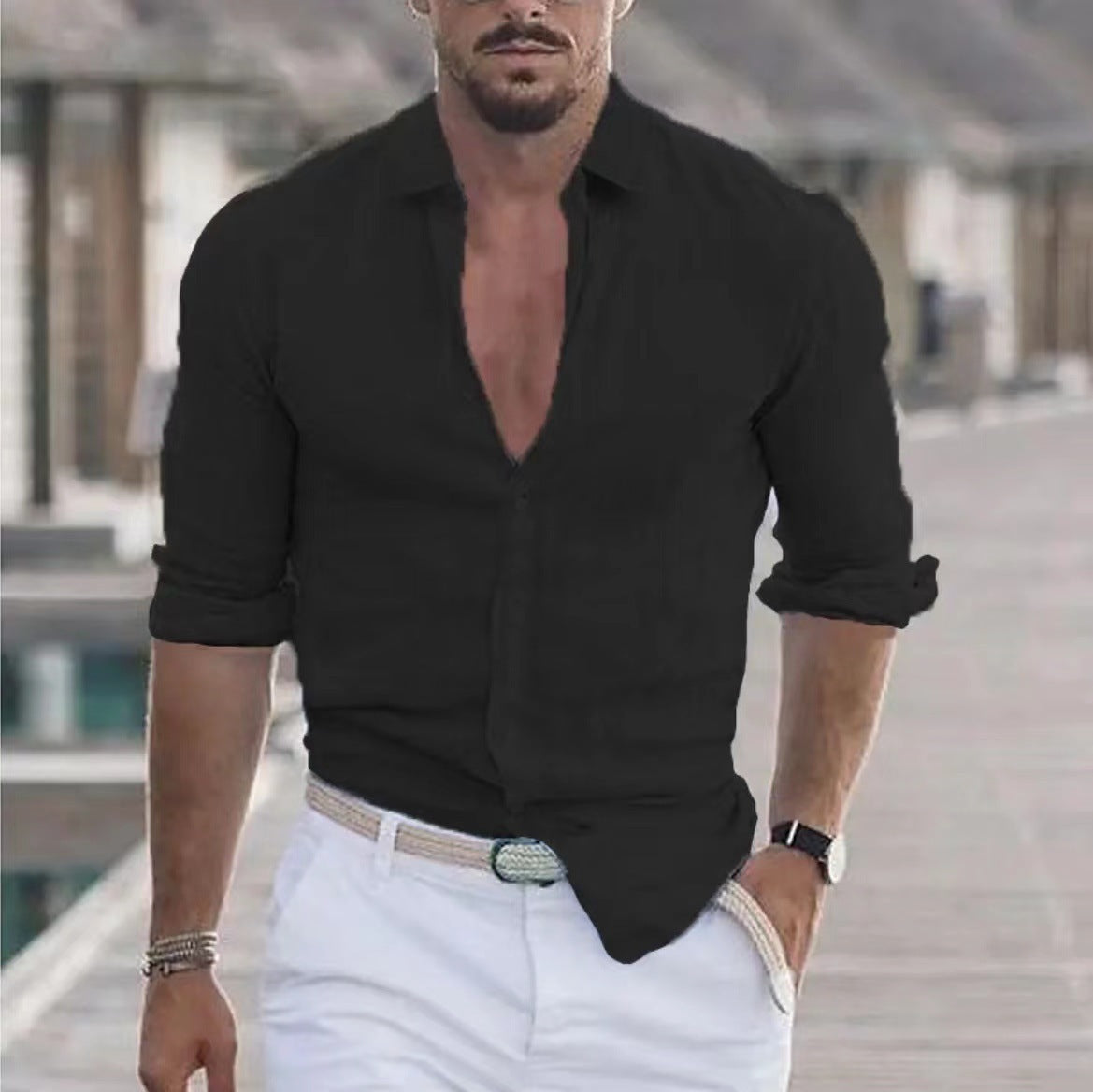 Heren Casual Overhemd met Lange Mouwen – Perfect voor Zomer en Vakantie