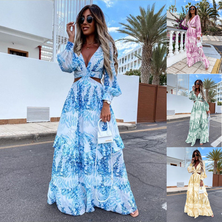Amanda – Elegante Lange Jurk met Plantenprint en V-hals