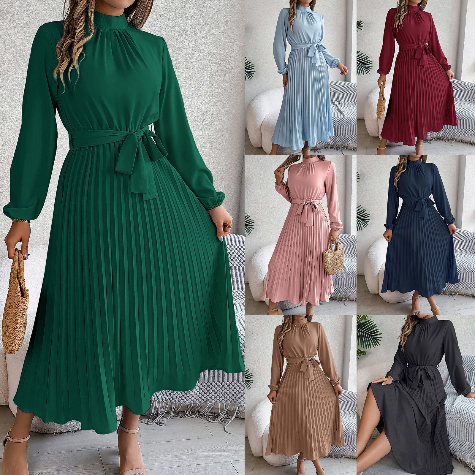 Barbara – Elegante Geplooide Jurk met Opstaande Kraag
