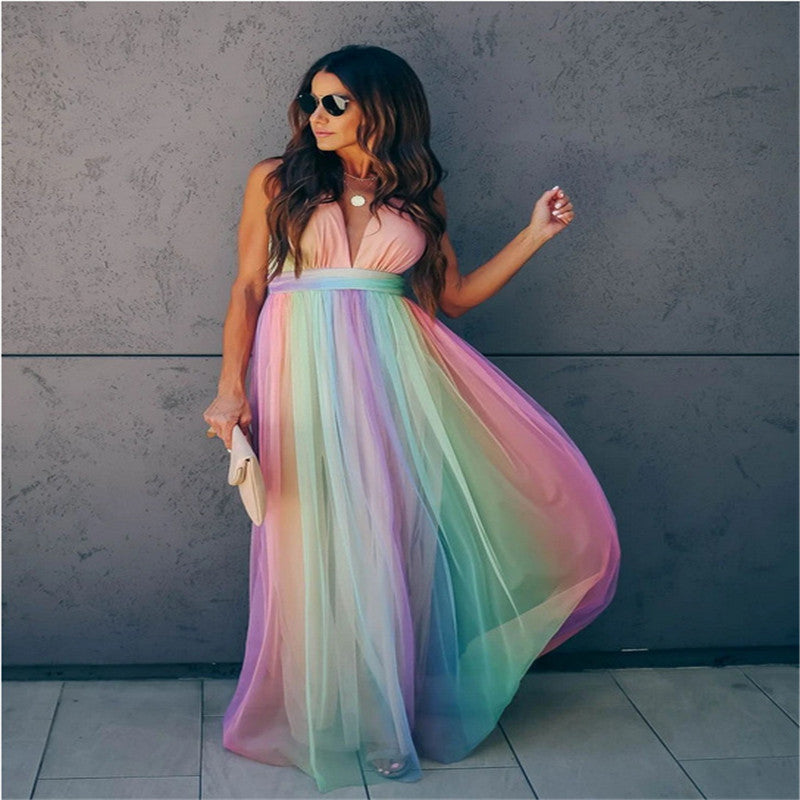 Wendy – Regenboog Mesh Jurk met Spaghetti Bandjes