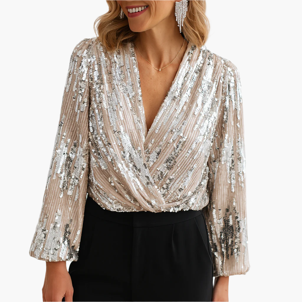 Dames Pailletten Blouse Luxe Party Chique Slim Fit V-Hals Top