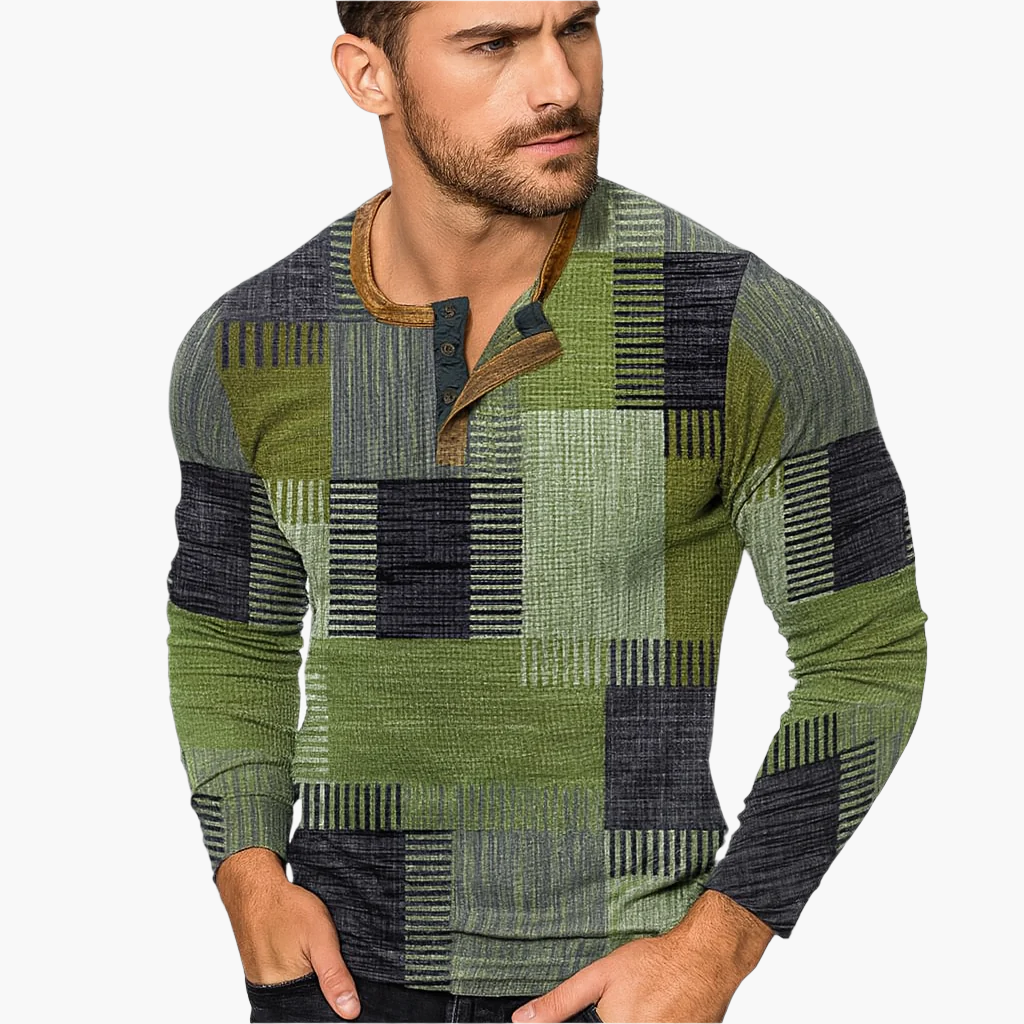 Heren Henley Gebreide Trui Patchwork Stijl – Comfortabele Modieuze Trui voor Herfst en Winter