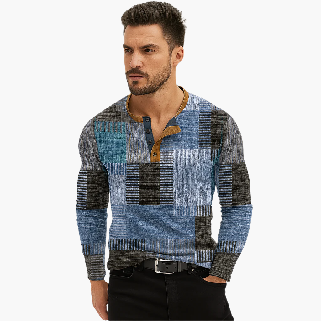 Heren Henley Gebreide Trui Patchwork Stijl – Comfortabele Modieuze Trui voor Herfst en Winter