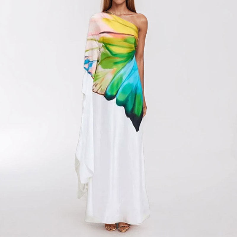 Emma – Elegante Gedrukte Asymmetrische Satijnen Jurk
