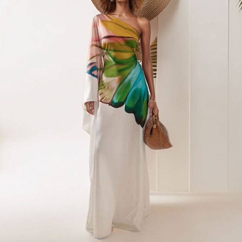 Emma – Elegante Gedrukte Asymmetrische Satijnen Jurk