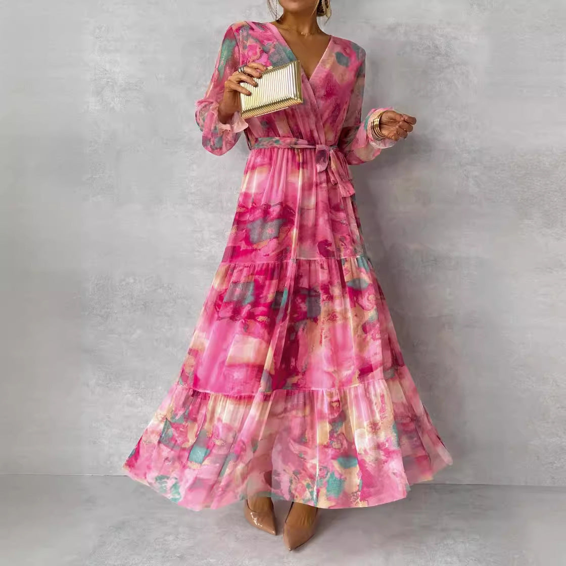 Gillian – Elegant Chiffon Jurk met Trekkoord en Patchwork