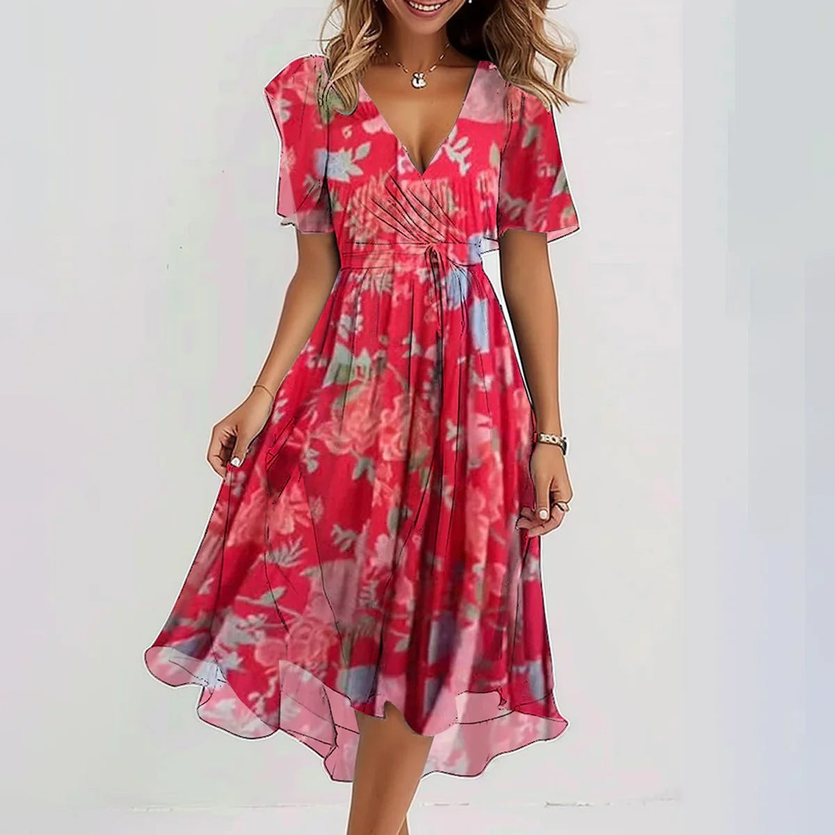 Dames wikkeljurk met bloemendessin en elegante chiffonlook