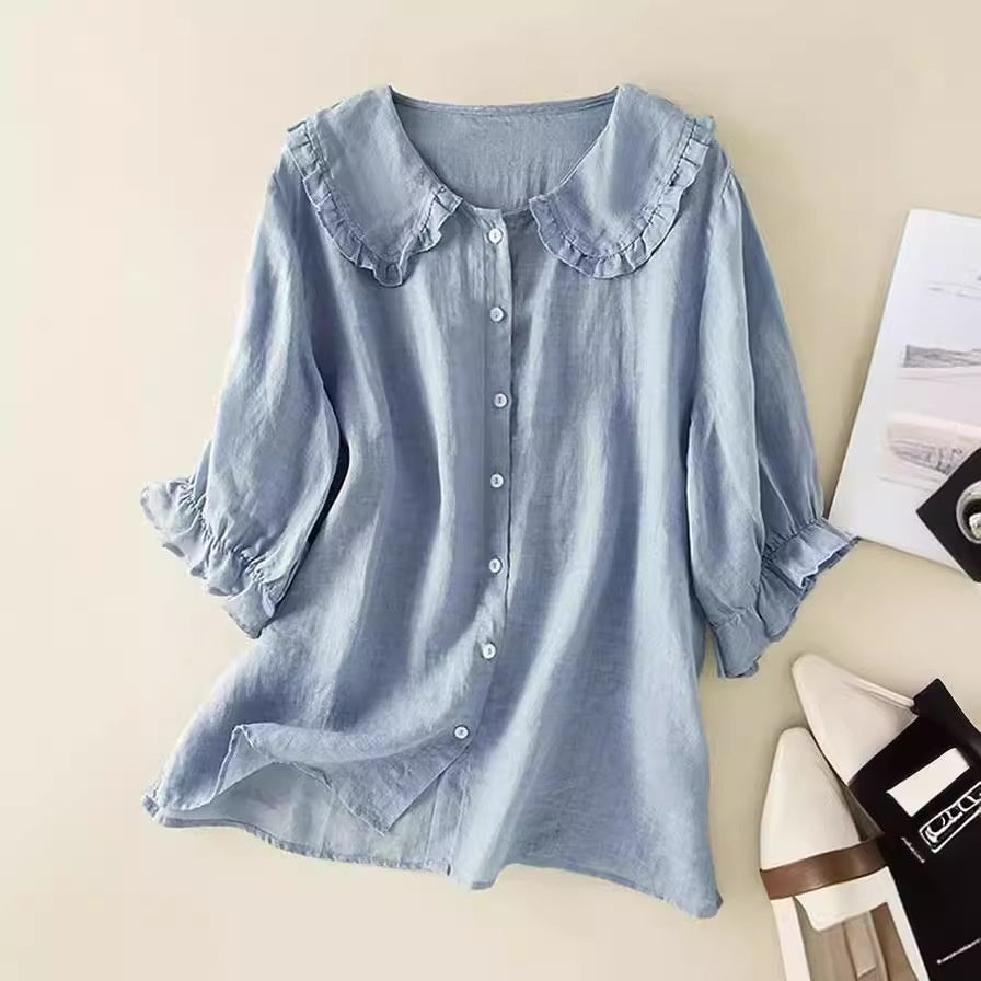 Dames Blouse met Ronde Kraag en Knoopsluiting – Romantische Casual Look