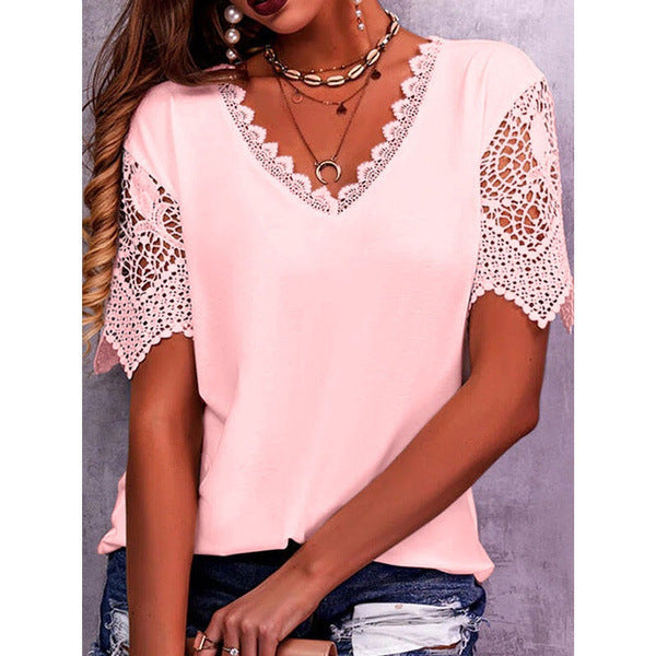 Dames Top met Kantdetails – Elegante Zomerse Blouse met V-Hals