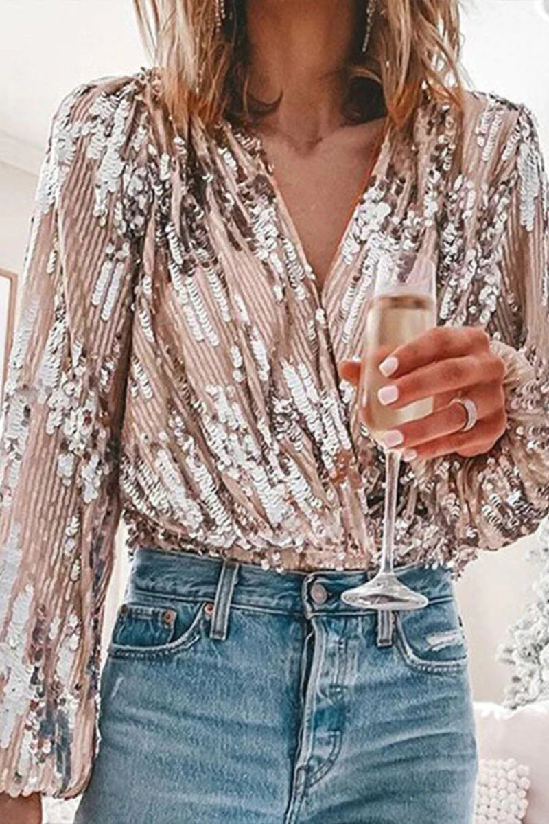 Dames Pailletten Blouse Luxe Party Chique Slim Fit V-Hals Top