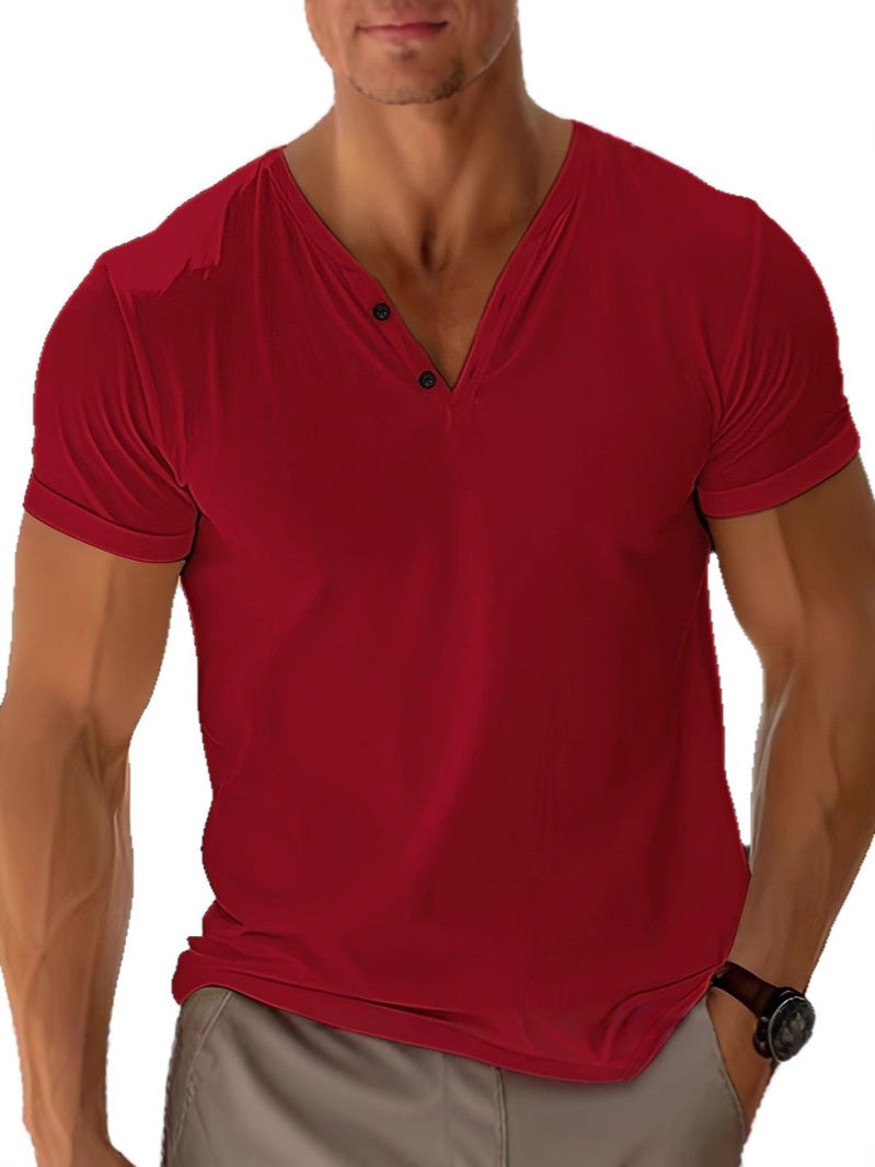 Heren Casual Korte Mouw V-Hals T-Shirt met Knoopdetail – Stijlvol en Comfortabel
