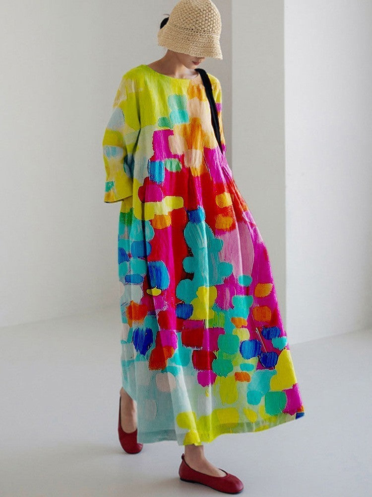 Lydia – Retro Stijl Lange Jurk met Kunstzinnig Geometrisch Patroon