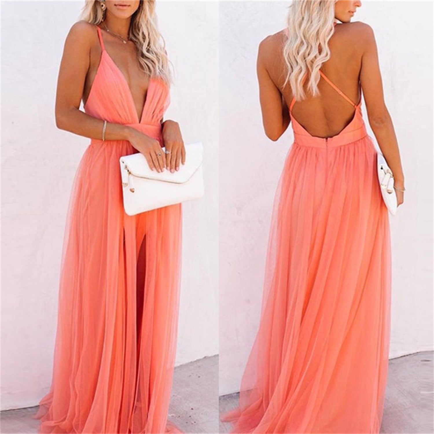 Emma – Elegante Oranje Avondjurk met Gaas