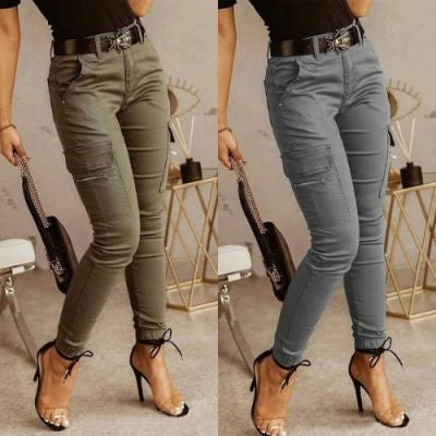 Mary – Lage Taille Broeken met Knopen en Effen Kleur