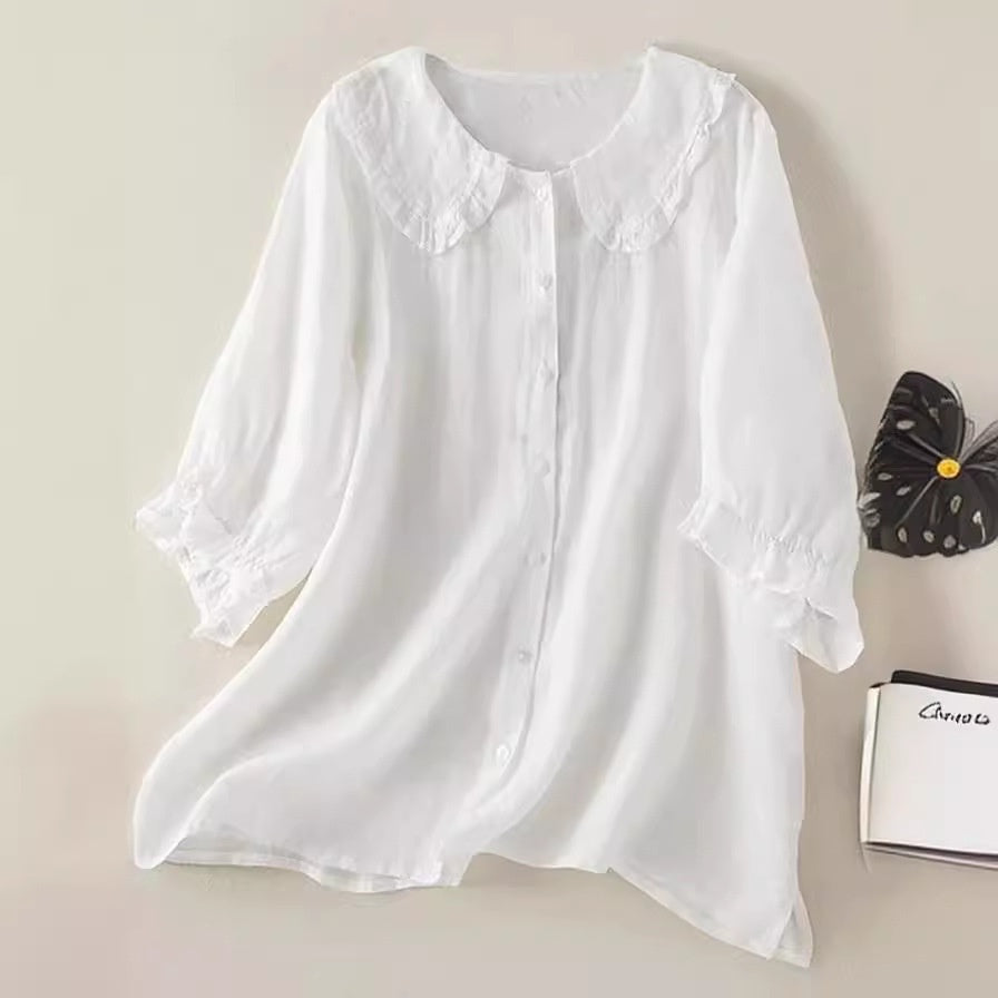 Dames Blouse met Ronde Kraag en Knoopsluiting – Romantische Casual Look