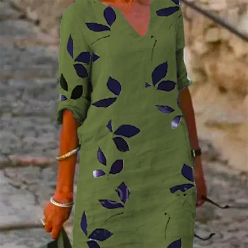 Jean – Vintage Bladprint Jurk met Halve Mouwen