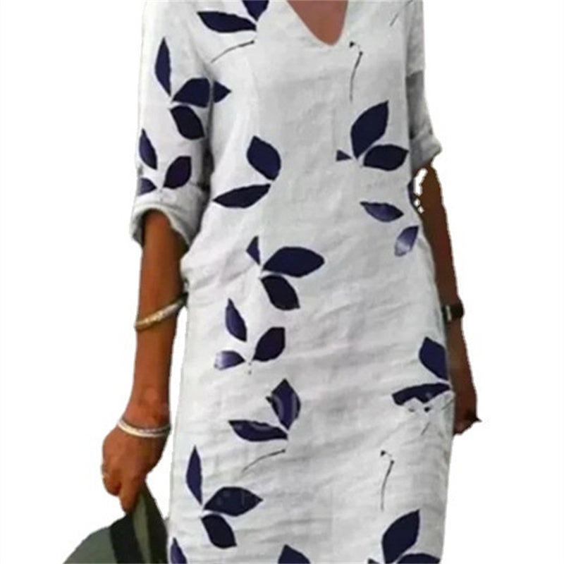 Jean – Vintage Bladprint Jurk met Halve Mouwen