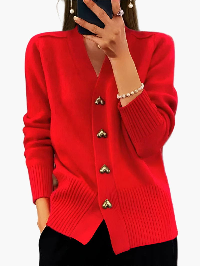 Dames V-hals Gebreid Vest met Hartvormige Knopen – Stijlvolle Casual Cardigan voor Winter & Herfst